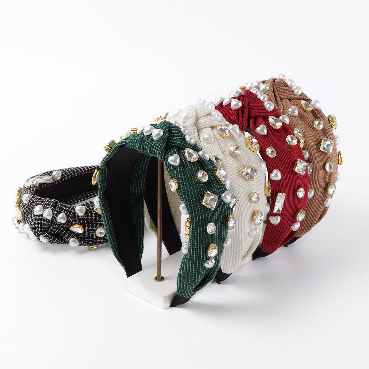 Wholesale Fabric Heart-shaped Imitation Pearl Knotted Hair Bands